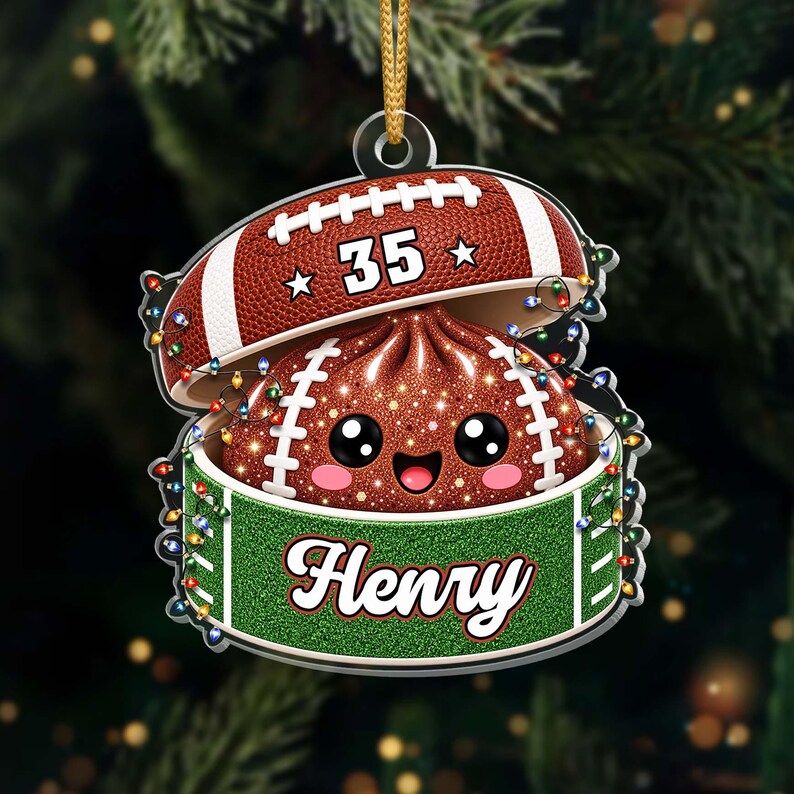 Personalized Football Dumpling Ornament, Custom Name & Number, Glitter Christmas Keepsake