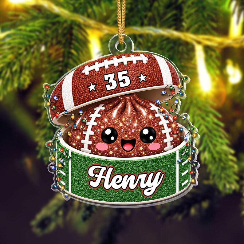 Personalized Football Dumpling Ornament, Custom Name & Number, Glitter Christmas Keepsake