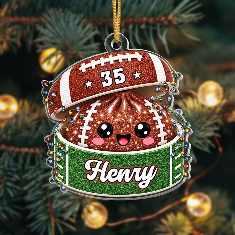 Personalized Football Dumpling Ornament, Custom Name & Number, Glitter Christmas Keepsake