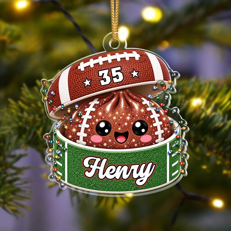 Personalized Football Dumpling Ornament, Custom Name & Number, Glitter Christmas Keepsake
