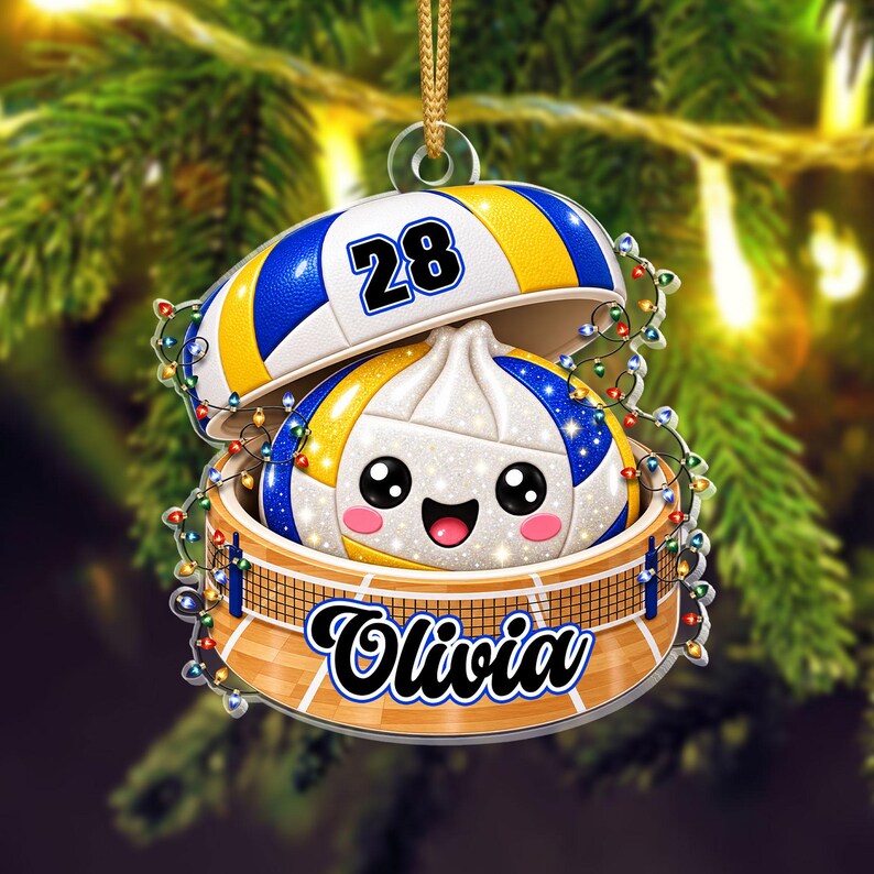 Personalized Volleyball Dumpling Ornament, Custom Name & Number, Glitter Christmas Keepsake
