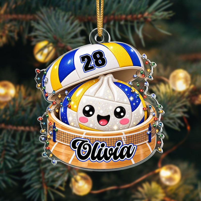 Personalized Volleyball Dumpling Ornament, Custom Name & Number, Glitter Christmas Keepsake