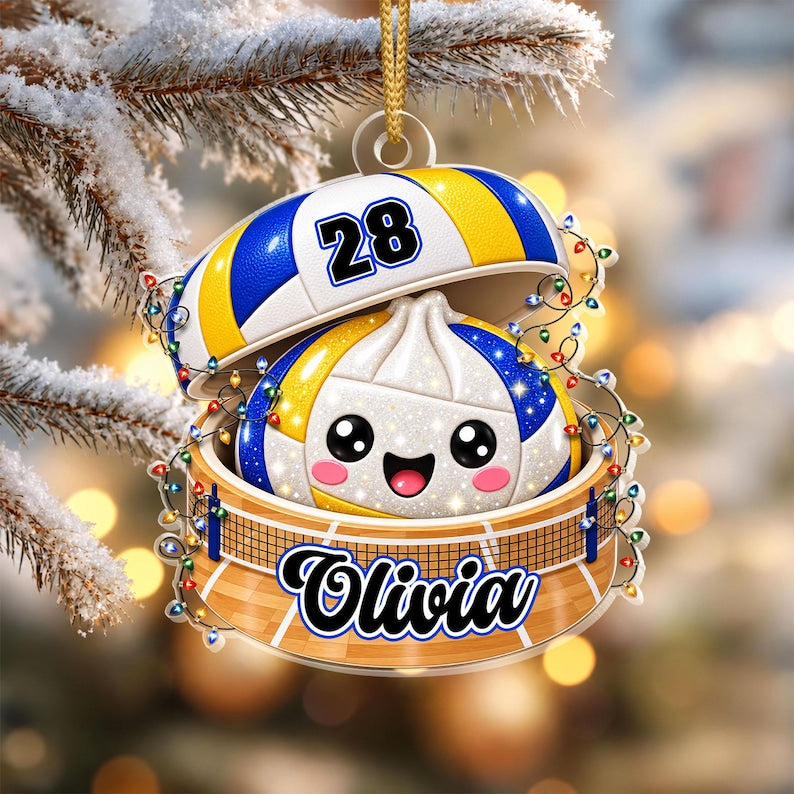 Personalized Volleyball Dumpling Ornament, Custom Name & Number, Glitter Christmas Keepsake