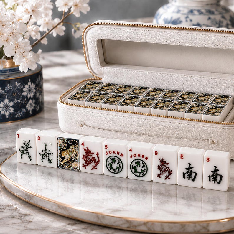 Luxury Leopard Floral Mahjong Tiles Set, 166 Acrylic American Mahjong Tiles, Chinoiserie Game Night Gift