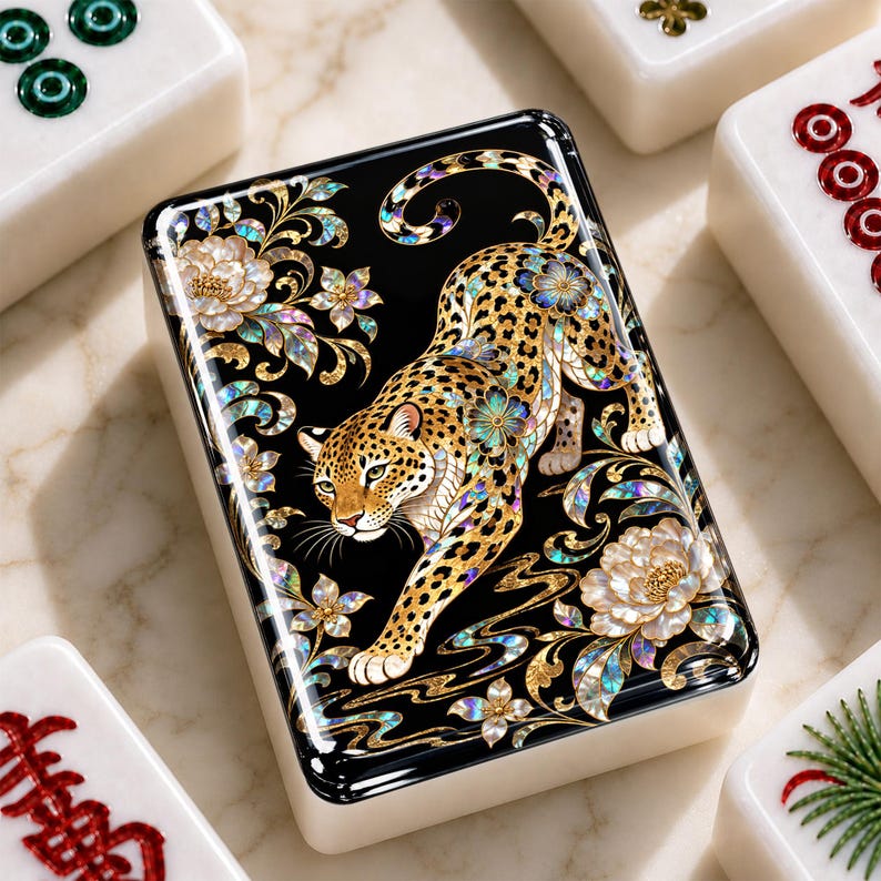 Luxury Leopard Floral Mahjong Tiles Set, 166 Acrylic American Mahjong Tiles, Chinoiserie Game Night Gift