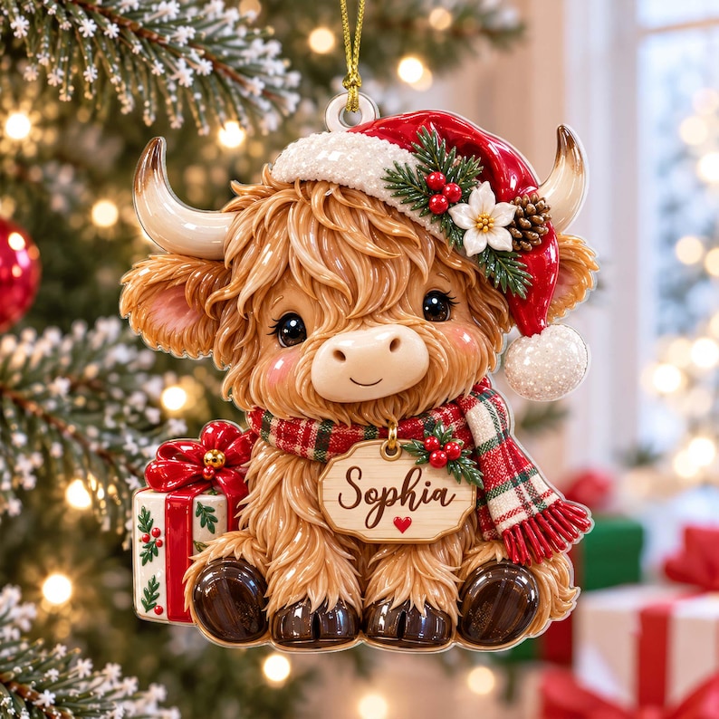 Personalized Highland Cow Christmas Ornament, Cow Farm 3D Relief Acrylic Ornament, Cute Cow Xmas Tree Decor Gift