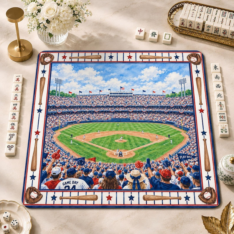 Baseball Stadium Mahjong Mat, Game Day American Mahjong, Red White Blue Non Slip Game Mat
