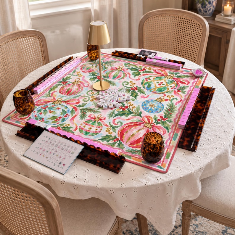 Hippie Holiday Mahjong Mat, Colorful Christmas Ornaments Pink Ribbon Game Mat, American Mahjong Table Cover