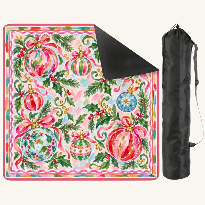 Hippie Holiday Mahjong Mat, Colorful Christmas Ornaments Pink Ribbon Game Mat, American Mahjong Table Cover