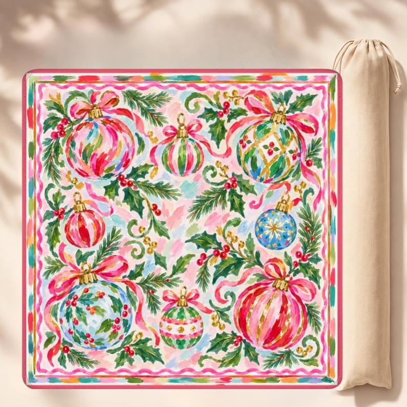 Hippie Holiday Mahjong Mat, Colorful Christmas Ornaments Pink Ribbon Game Mat, American Mahjong Table Cover