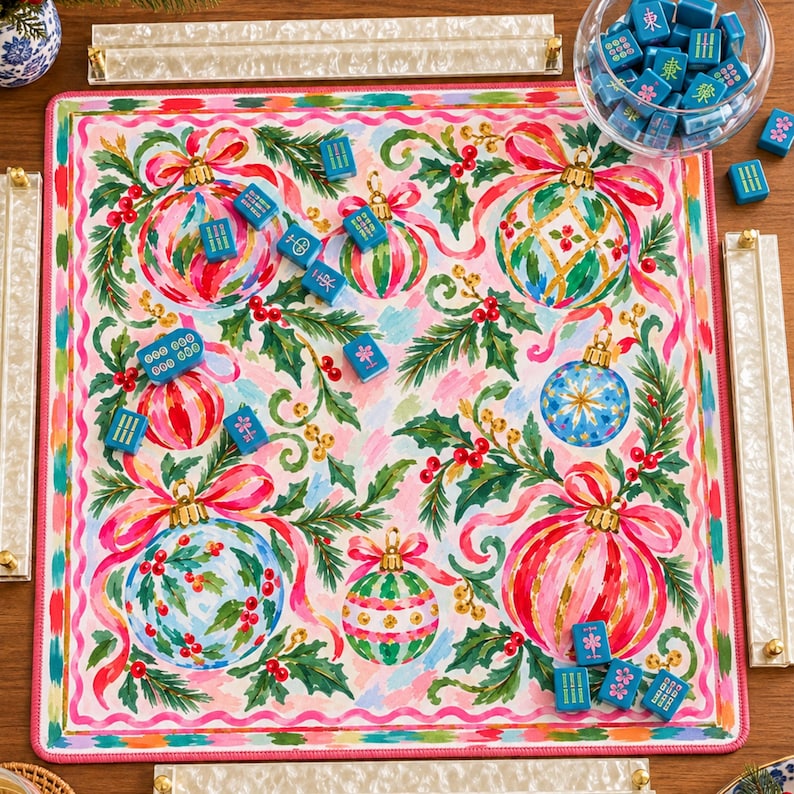 Hippie Holiday Mahjong Mat, Colorful Christmas Ornaments Pink Ribbon Game Mat, American Mahjong Table Cover