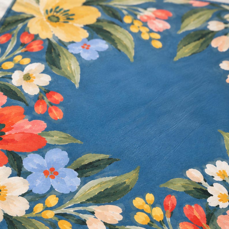 Coral Poppy Mahjong Mat, American Mahjong Mat, Blue Wildflower Forget Me Not Garden Table Cover