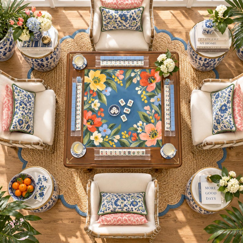Coral Poppy Mahjong Mat, American Mahjong Mat, Blue Wildflower Forget Me Not Garden Table Cover