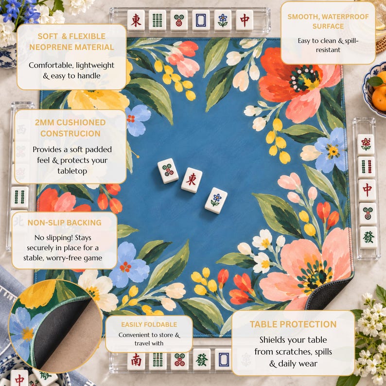 Coral Poppy Mahjong Mat, American Mahjong Mat, Blue Wildflower Forget Me Not Garden Table Cover
