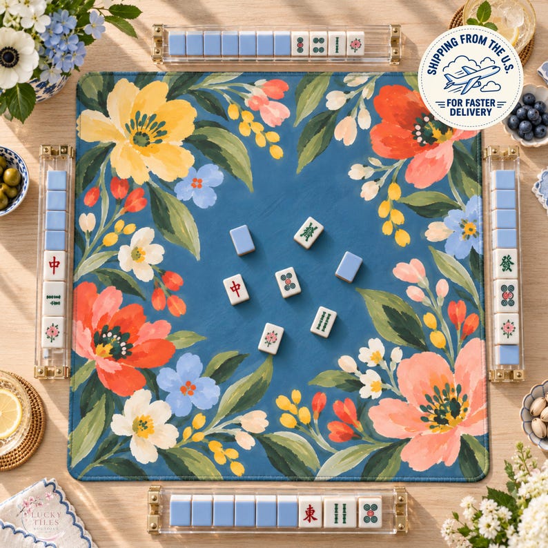 Coral Poppy Mahjong Mat, American Mahjong Mat, Blue Wildflower Forget Me Not Garden Table Cover