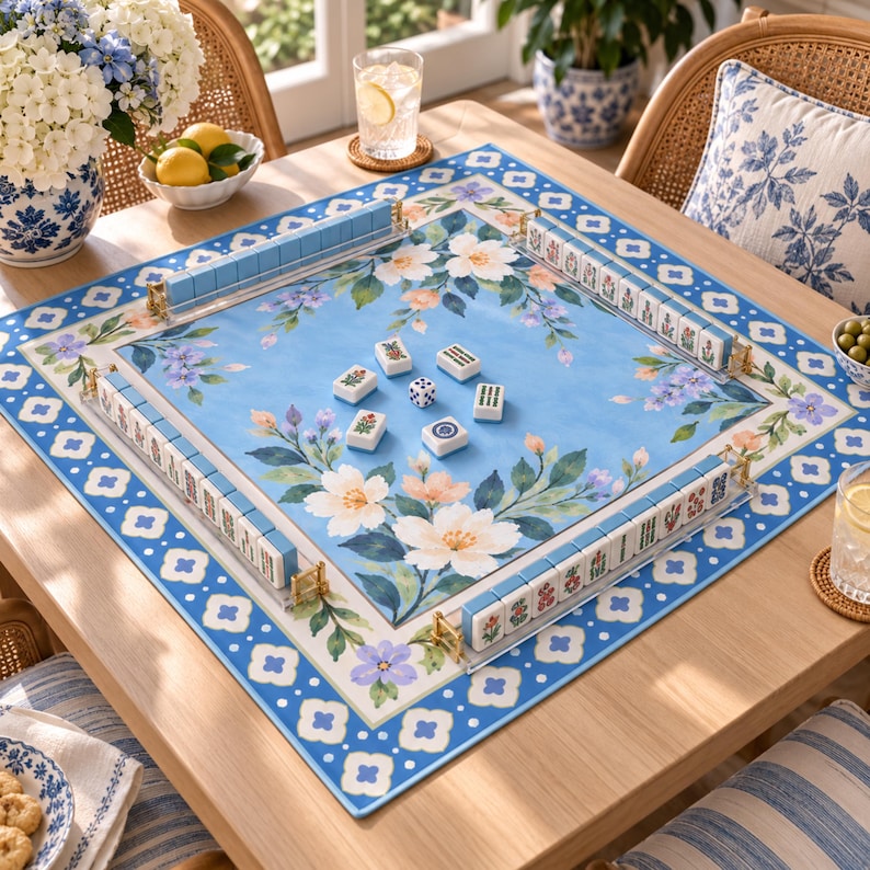 Blue Floral Mahjong Mat, Grandmillennial American Mahjong Mat, White Blossom Garden, Lavender Peach Flowers