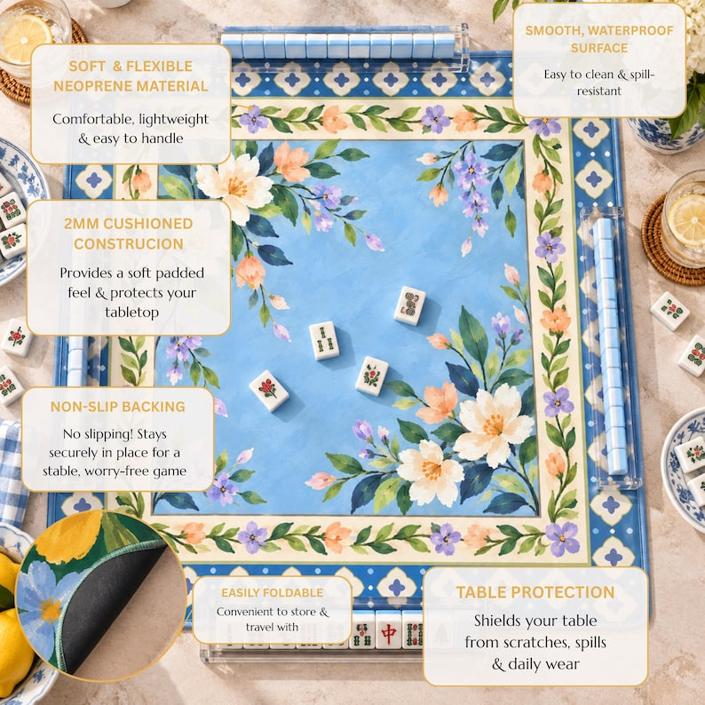 Blue Floral Mahjong Mat, Grandmillennial American Mahjong Mat, White Blossom Garden, Lavender Peach Flowers