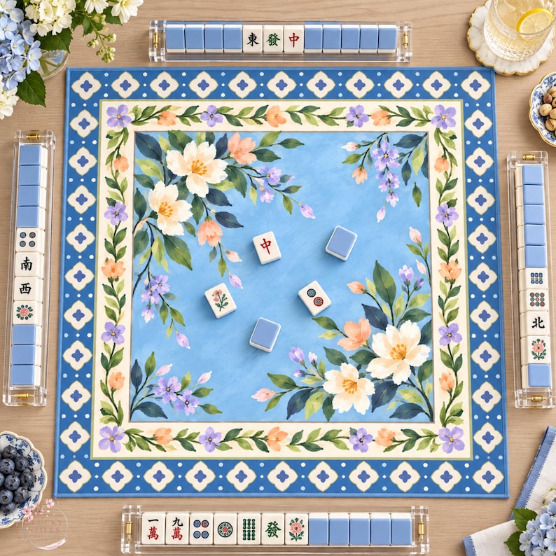 Blue Floral Mahjong Mat, Grandmillennial American Mahjong Mat, White Blossom Garden, Lavender Peach Flowers
