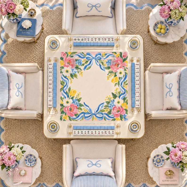 Blue Ribbon Bow Mahjong Mat, Peach Peony Floral Grandmillennial Playmat, American Mahjong Game Night Gift