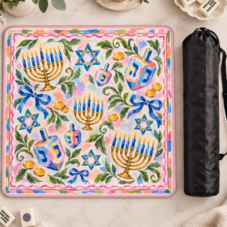The Noa Hanukkah Mahjong Mat, American Mahjong Table Play Mat, Menorah Dreidel Jewish Holiday Game Night Gift