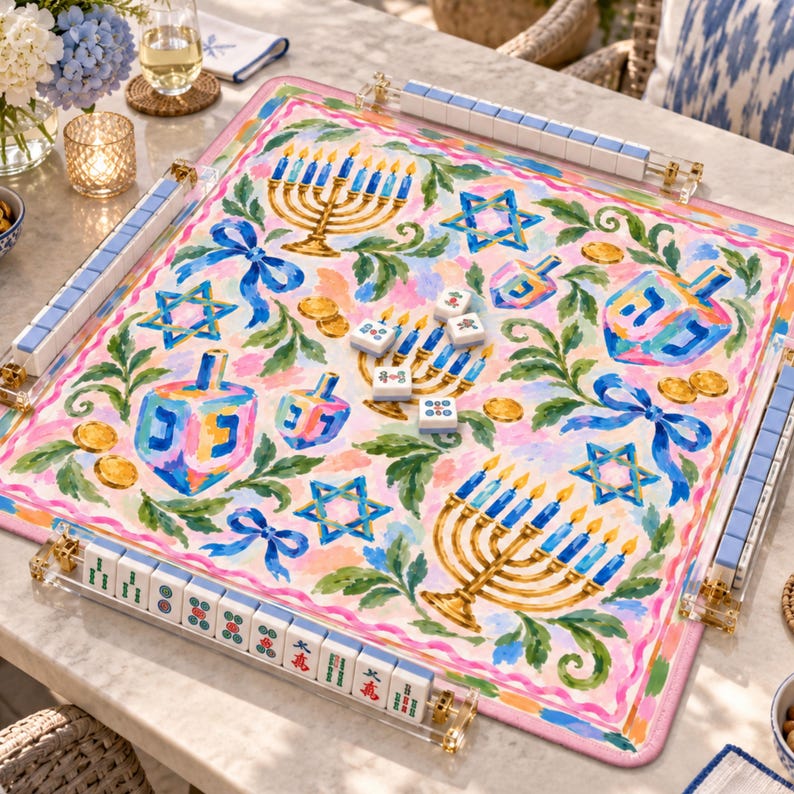 The Noa Hanukkah Mahjong Mat, American Mahjong Table Play Mat, Menorah Dreidel Jewish Holiday Game Night Gift