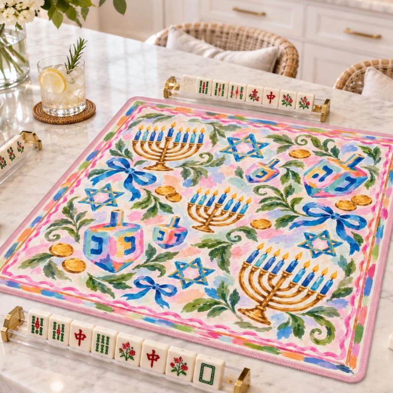 The Noa Hanukkah Mahjong Mat, American Mahjong Table Play Mat, Menorah Dreidel Jewish Holiday Game Night Gift