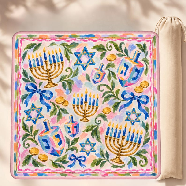 The Noa Hanukkah Mahjong Mat, American Mahjong Table Play Mat, Menorah Dreidel Jewish Holiday Game Night Gift
