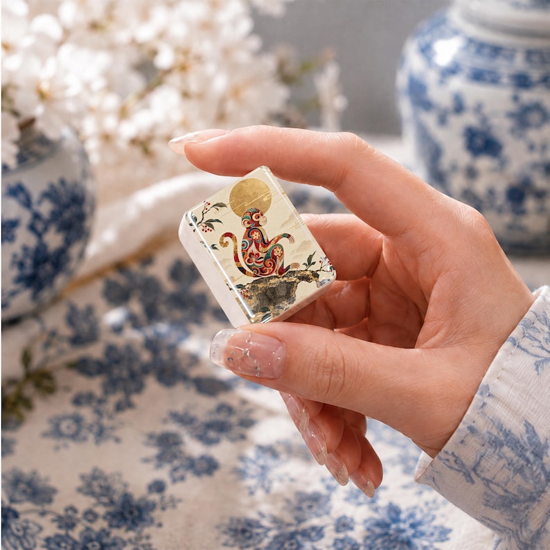Monkey Mahjong Tiles Set, 166 Piece Acrylic American Mahjong Tiles, Chinoiserie Gold Moon Chinese Zodiac Game Night Gift