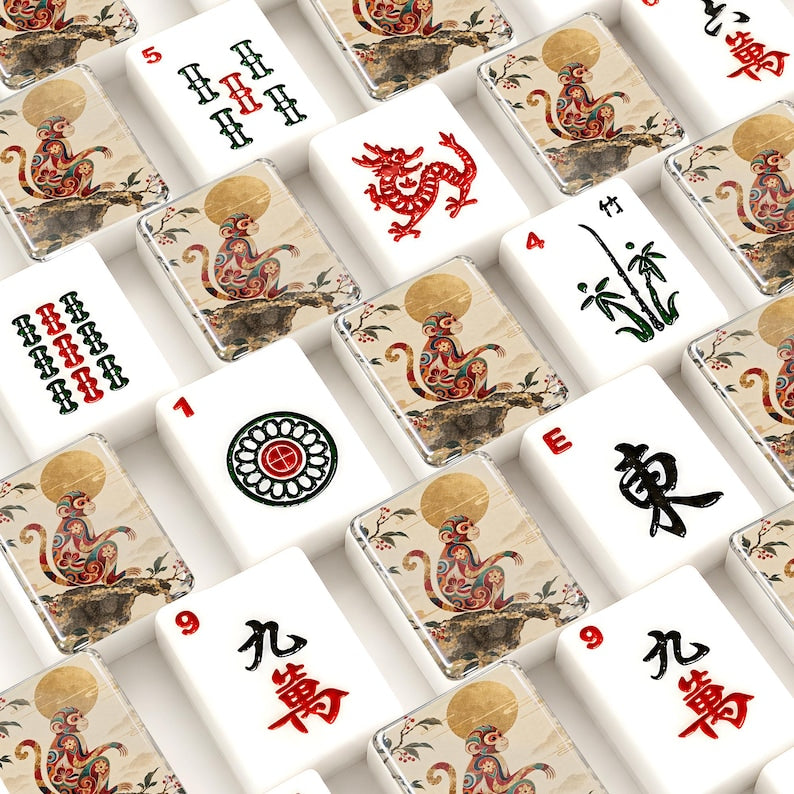 Monkey Mahjong Tiles Set, 166 Piece Acrylic American Mahjong Tiles, Chinoiserie Gold Moon Chinese Zodiac Game Night Gift