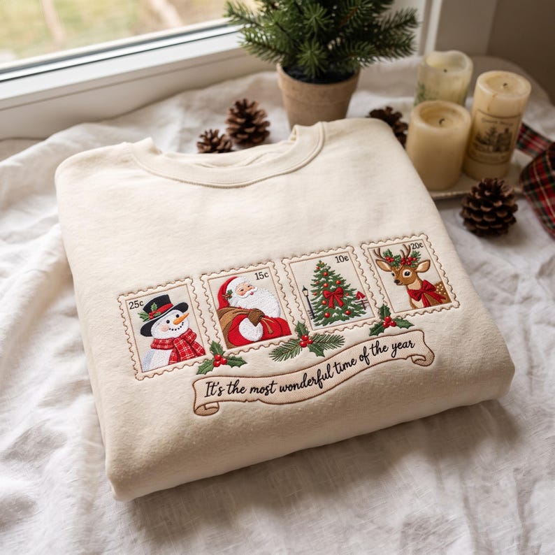 Embroidered Christmas Sweatshirt, Most Wonderful Time Santa Embroidery Crewneck, Vintage Christmas Sweater