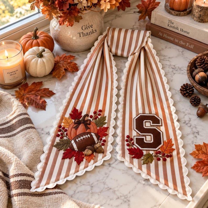 Personalized Football Pumpkin Monogram Bow Sash, Custom Embroidery Fall Wreath Sash, Custom Initial Fall Door Decor