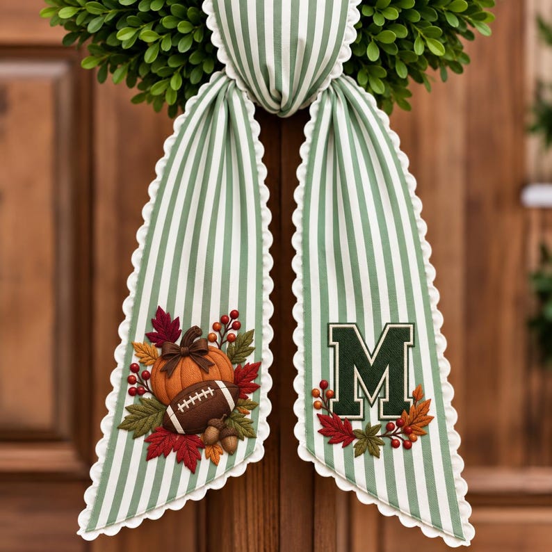 Personalized Football Pumpkin Monogram Bow Sash, Custom Embroidery Fall Wreath Sash, Custom Initial Fall Door Decor