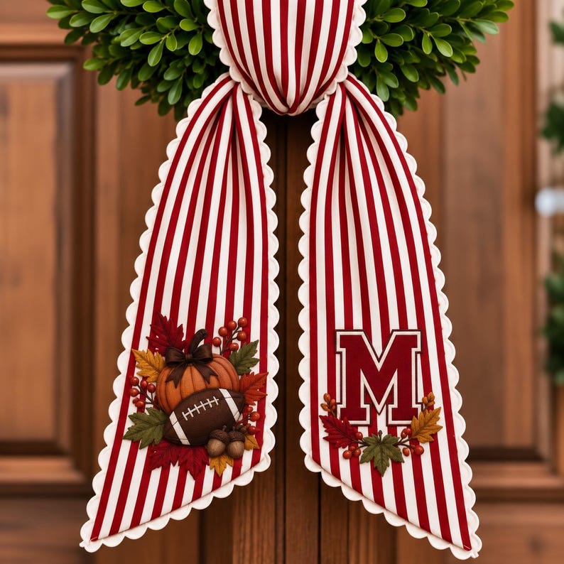 Personalized Football Pumpkin Monogram Bow Sash, Custom Embroidery Fall Wreath Sash, Custom Initial Fall Door Decor