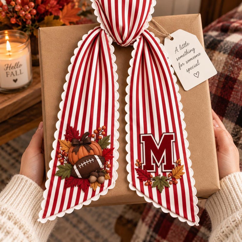 Personalized Football Pumpkin Monogram Bow Sash, Custom Embroidery Fall Wreath Sash, Custom Initial Fall Door Decor
