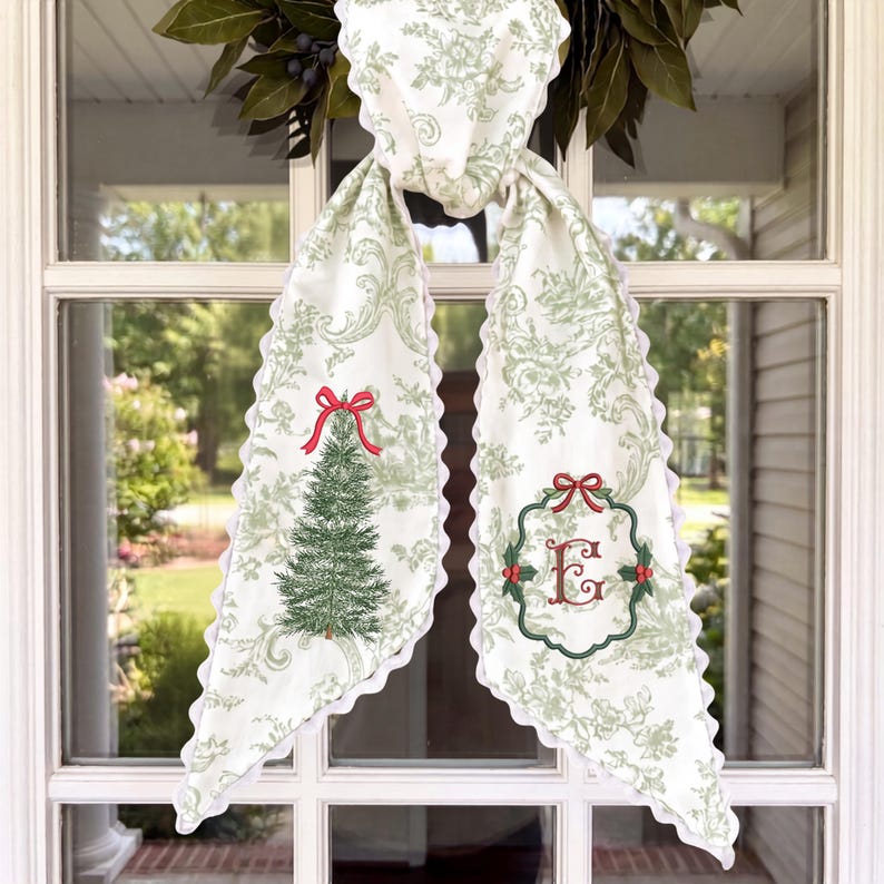 Embroidered Monogram Christmas Tree Wreath Sash, Toile Front Door Ribbon, Grandmillennial Gift