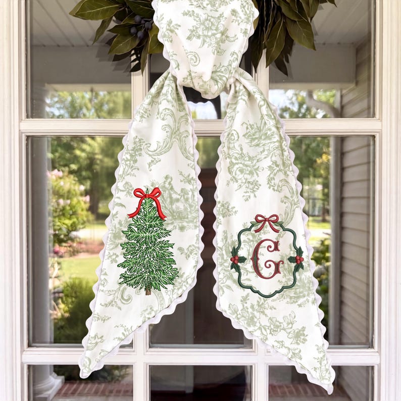 Embroidered Monogram Christmas Tree Wreath Sash, Toile Front Door Ribbon, Grandmillennial Gift