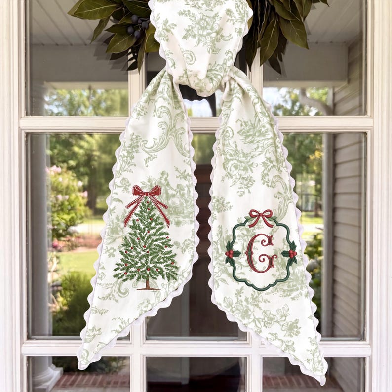 Embroidered Monogram Christmas Tree Wreath Sash, Toile Front Door Ribbon, Grandmillennial Gift