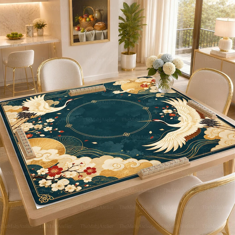 Teal Gold Crane Chinoiserie Mahjong Mat, Japanese Inspired American Mah Jongg Game Mat, Non-slip Table Cover