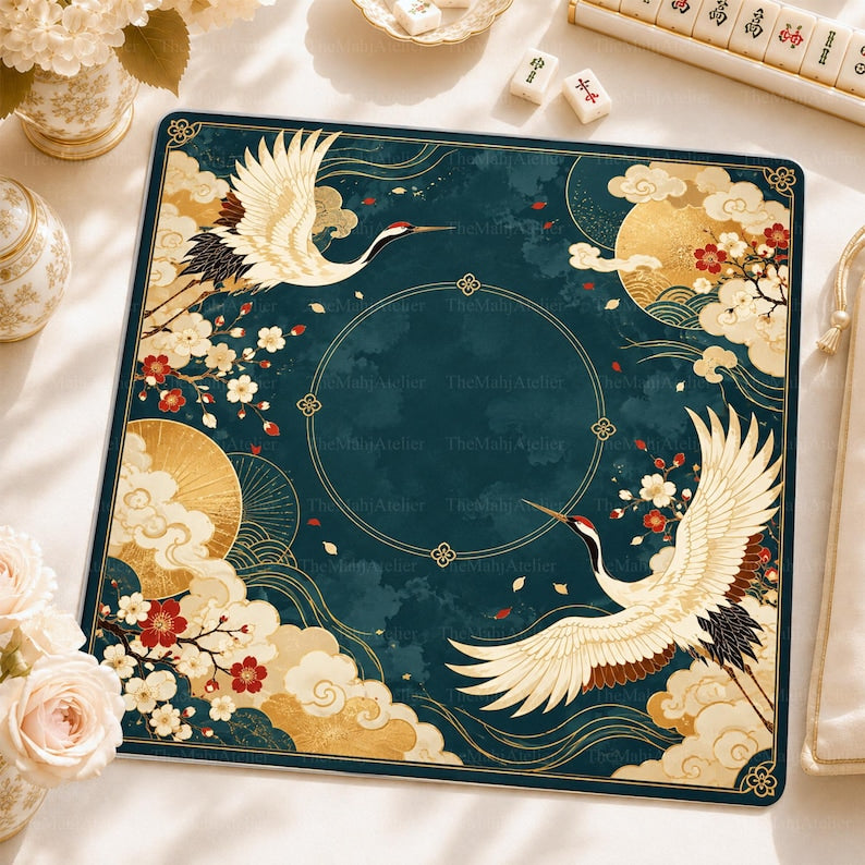 Teal Gold Crane Chinoiserie Mahjong Mat, Japanese Inspired American Mah Jongg Game Mat, Non-slip Table Cover