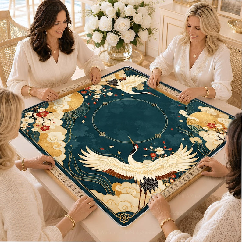 Teal Gold Crane Chinoiserie Mahjong Mat, Japanese Inspired American Mah Jongg Game Mat, Non-slip Table Cover