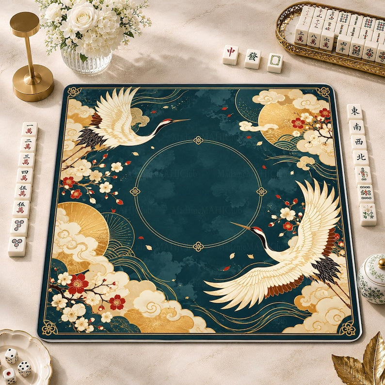 Teal Gold Crane Chinoiserie Mahjong Mat, Japanese Inspired American Mah Jongg Game Mat, Non-slip Table Cover