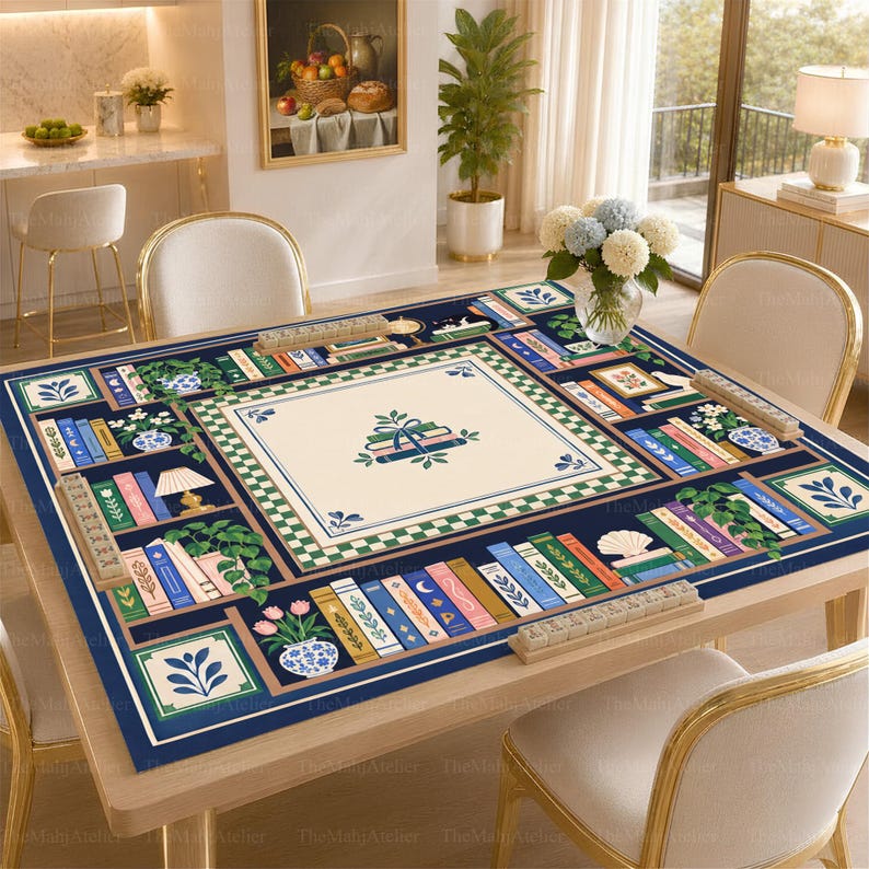 Preppy Book Club Library Mahjong Mat, Blue White American Mah Jongg Game Mat