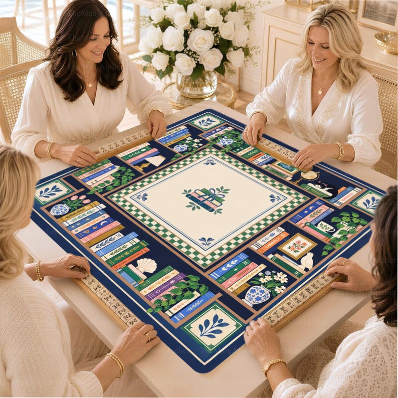 Preppy Book Club Library Mahjong Mat, Blue White American Mah Jongg Game Mat