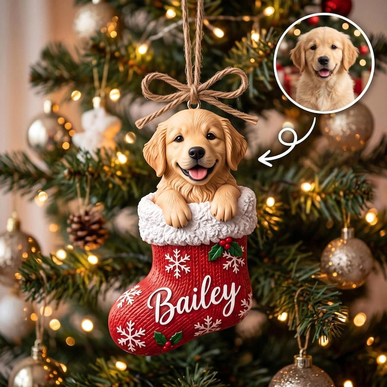 Personalized Pet Stocking Ornament, Custom Photo Dog Cat Ornaments, Christmas Tree Decor, Keepsake Gift for Pet Lovers