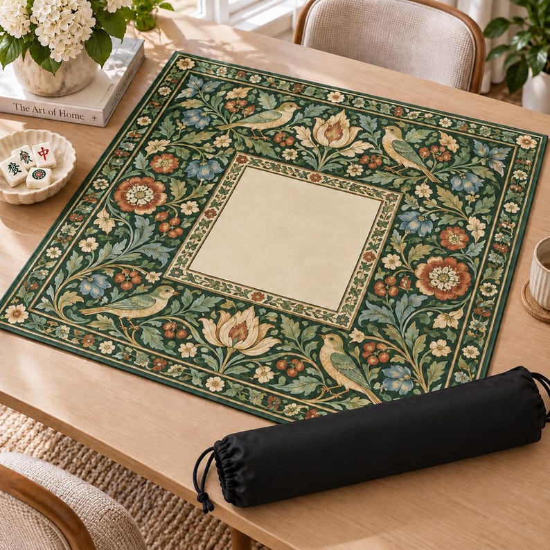 William Morris Inspired Mahjong Mat, Green Botanical Bird and Floral American Mahjong Table Mat, Vintage Game Night Gift