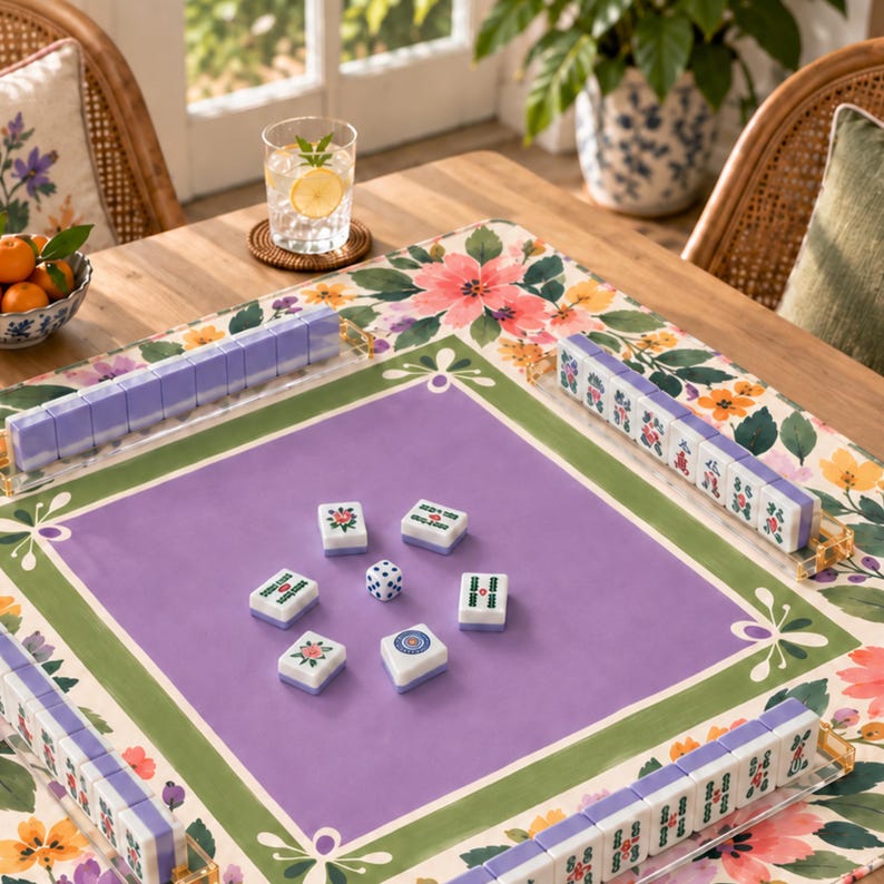 Purple Wildflower Mahjong Mat, Non Slip American Mahjong Table Cover, Lavender Folk Garden Olive Green Game Night Gift