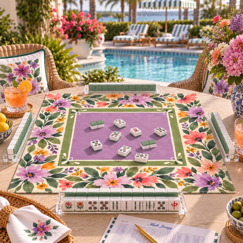 Purple Wildflower Mahjong Mat, Non Slip American Mahjong Table Cover, Lavender Folk Garden Olive Green Game Night Gift