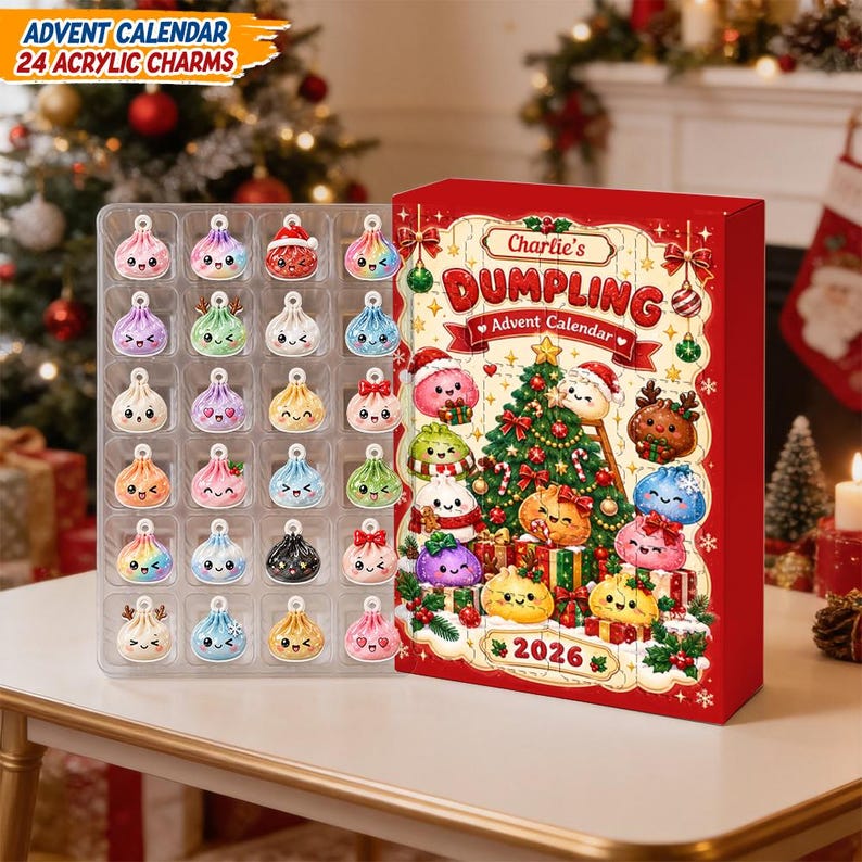Personalized Cute Dumpling Advent Calendar 2026, 24 Kawaii Acrylic Charms Christmas Countdown Box Gift