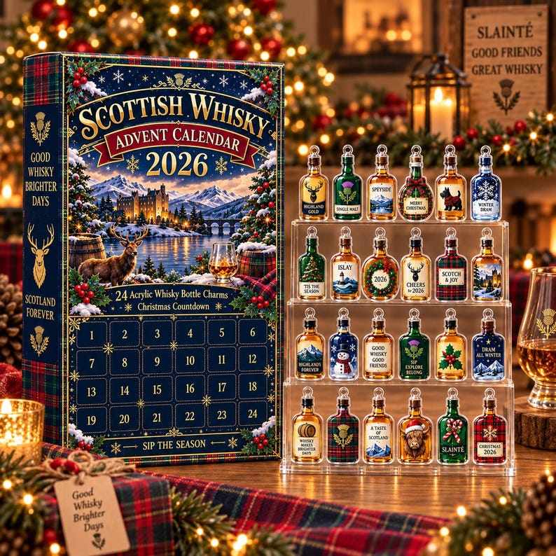Scottish Whisky Advent Calendar 2026, 24 Whisky Bottle Christmas Countdown, Scotland Lover Holiday Gift