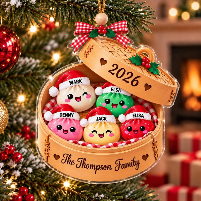 Personalized Family Glitter Dumpling Ornament 2026, Custom Family Acrylic Ornament, Cute Kawaii Food Ornament